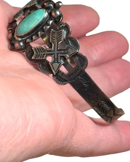 Vintage coin silver Navajo southwestern turquoise etched cuff bracelet