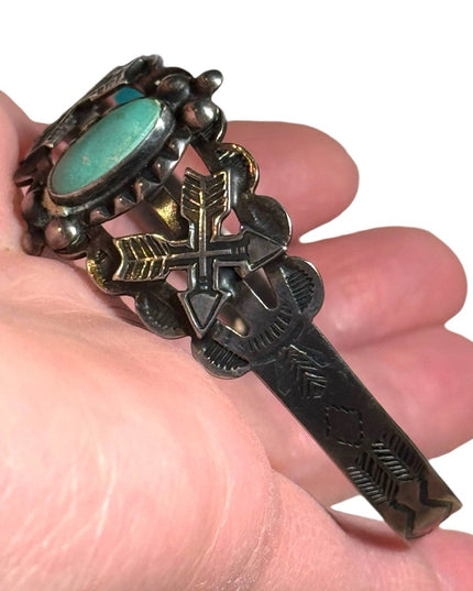 Vintage coin silver Navajo southwestern turquoise etched cuff bracelet