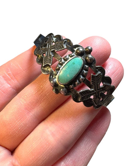 Vintage coin silver Navajo southwestern turquoise etched cuff bracelet