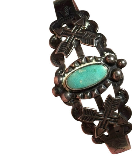 Vintage coin silver Navajo southwestern turquoise etched cuff bracelet