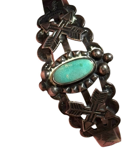 Vintage coin silver Navajo southwestern turquoise etched cuff bracelet