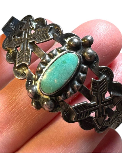 Vintage coin silver Navajo southwestern turquoise etched cuff bracelet