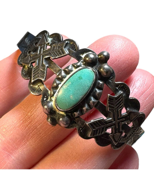 Vintage coin silver Navajo southwestern turquoise etched cuff bracelet