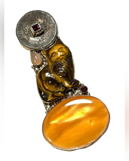 Sajen lg sterling silver 925 fiber optic carved tiger eye chinese coin pendant