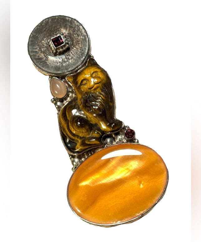 Sajen lg sterling silver 925 fiber optic carved tiger eye chinese coin pendant