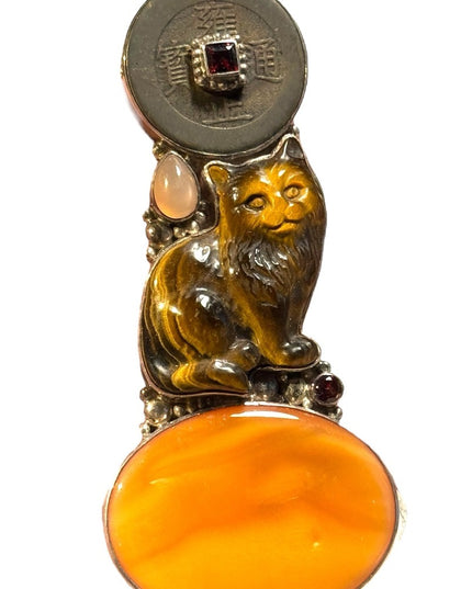 Sajen lg sterling silver 925 fiber optic carved tiger eye chinese coin pendant