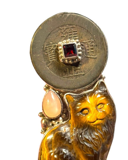 Sajen lg sterling silver 925 fiber optic carved tiger eye chinese coin pendant
