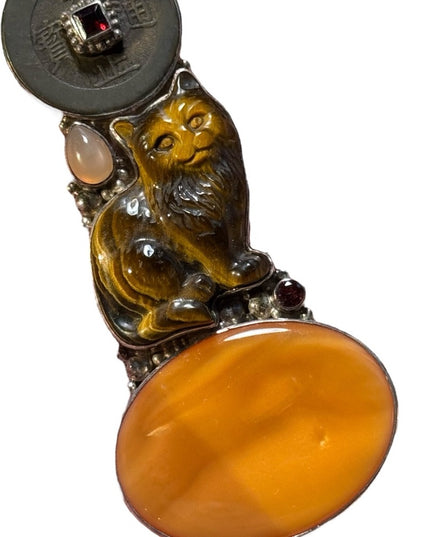 Sajen lg sterling silver 925 fiber optic carved tiger eye chinese coin pendant