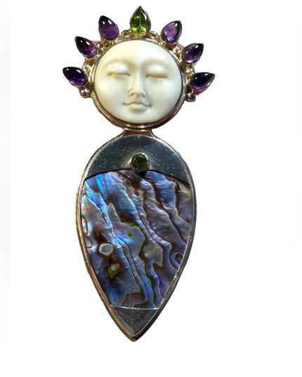 Sajen large Abalone sterling silver 925 boneface goddess amethyst peridot cameo