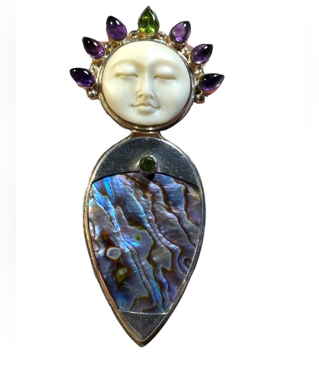 Sajen large Abalone sterling silver 925 boneface goddess amethyst peridot cameo