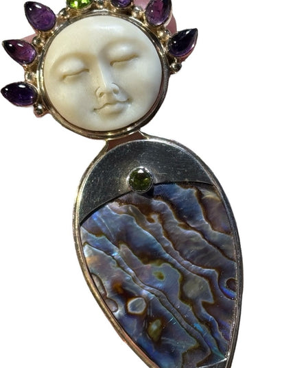 Sajen large Abalone sterling silver 925 boneface goddess amethyst peridot cameo