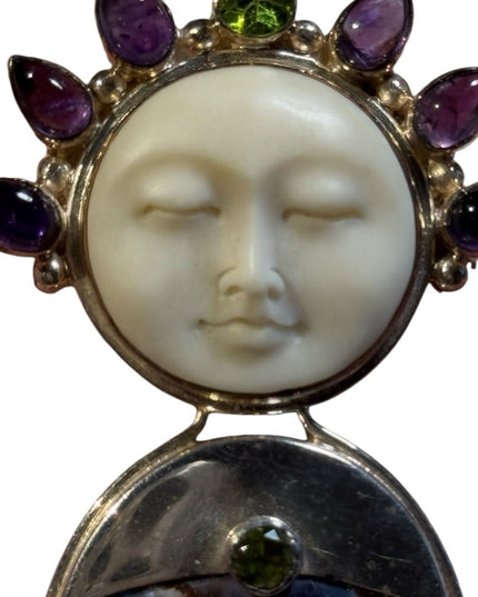 Sajen large Abalone sterling silver 925 boneface goddess amethyst peridot cameo