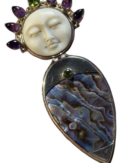 Sajen large Abalone sterling silver 925 boneface goddess amethyst peridot cameo