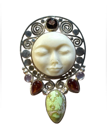 Sajen sterling silver boneface carved goddess amber genstone pendant brooch