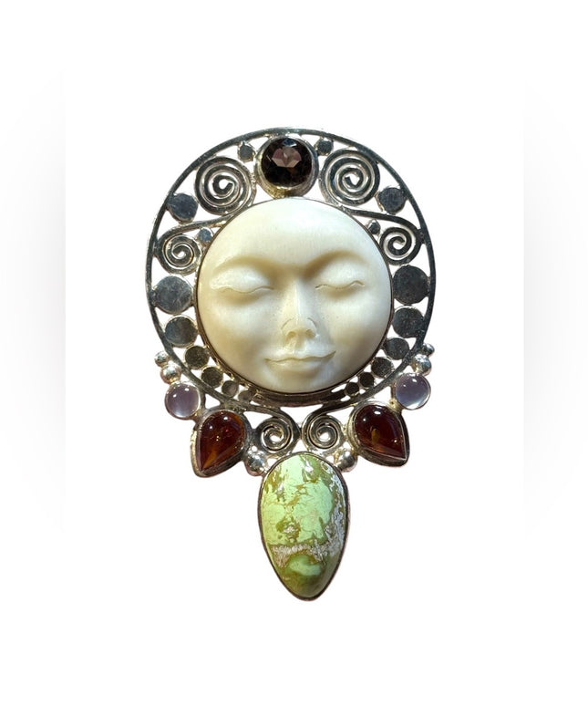 Sajen sterling silver boneface carved goddess amber genstone pendant brooch
