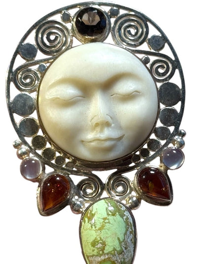 Sajen sterling silver boneface carved goddess amber genstone pendant brooch