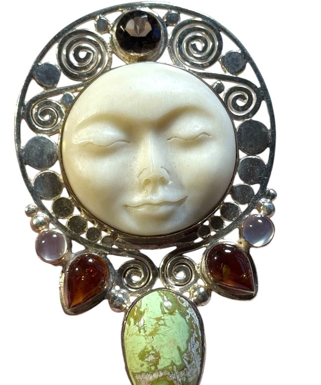 Sajen sterling silver boneface carved goddess amber genstone pendant brooch