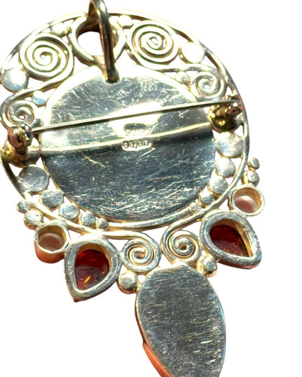 Sajen sterling silver boneface carved goddess amber genstone pendant brooch