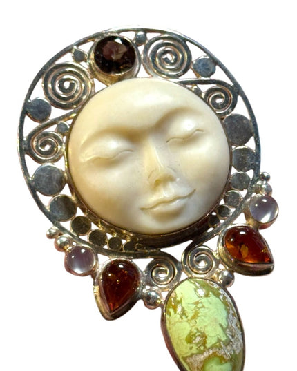 Sajen sterling silver boneface carved goddess amber genstone pendant brooch