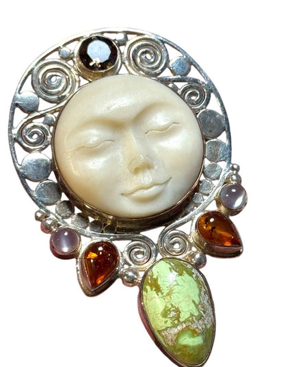 Sajen sterling silver boneface carved goddess amber genstone pendant brooch