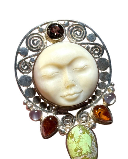 Sajen sterling silver boneface carved goddess amber genstone pendant brooch