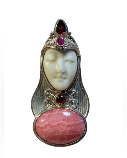 Sajen sterling silver garnet rhodonite ruby boneface goddess deco pendant brooch