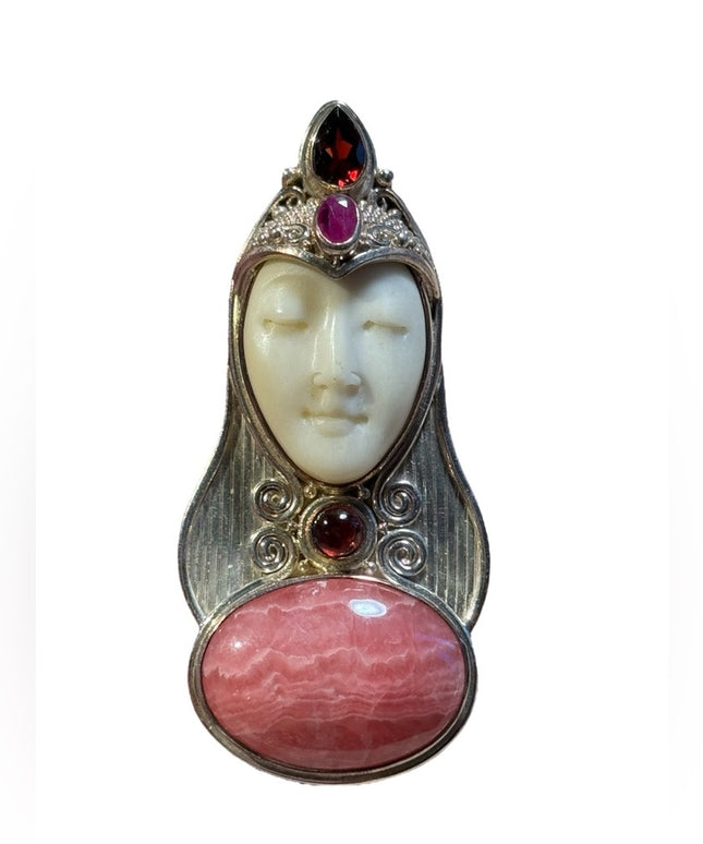 Sajen sterling silver garnet rhodonite ruby boneface goddess deco pendant brooch