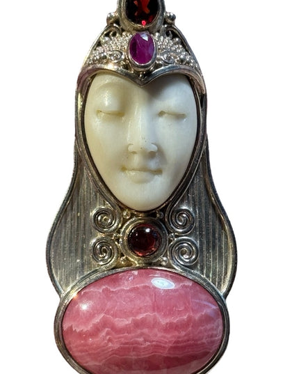 Sajen sterling silver garnet rhodonite ruby boneface goddess deco pendant brooch
