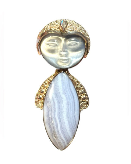 Sajen sterling silver 925 blue lace agate fiber optic goddess brooch pendant