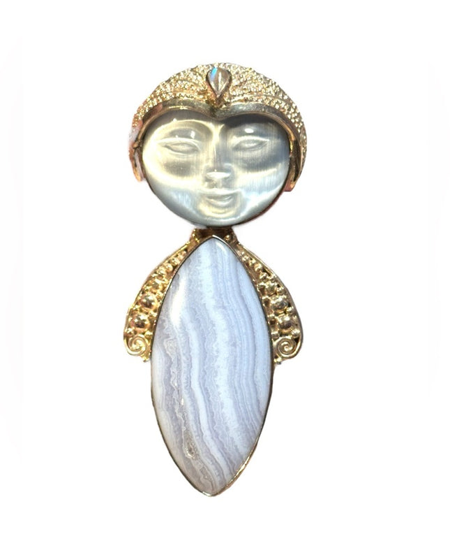 Sajen sterling silver 925 blue lace agate fiber optic goddess brooch pendant