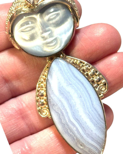 Sajen sterling silver 925 blue lace agate fiber optic goddess brooch pendant