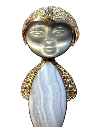 Sajen sterling silver 925 blue lace agate fiber optic goddess brooch pendant