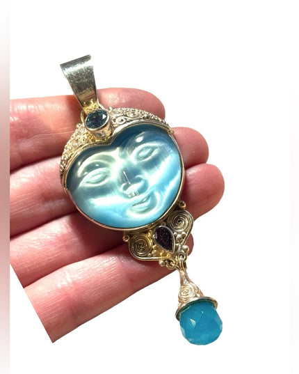 Large Sajen 925 sterling silver blue fiber optic carved goddess stone pedant
