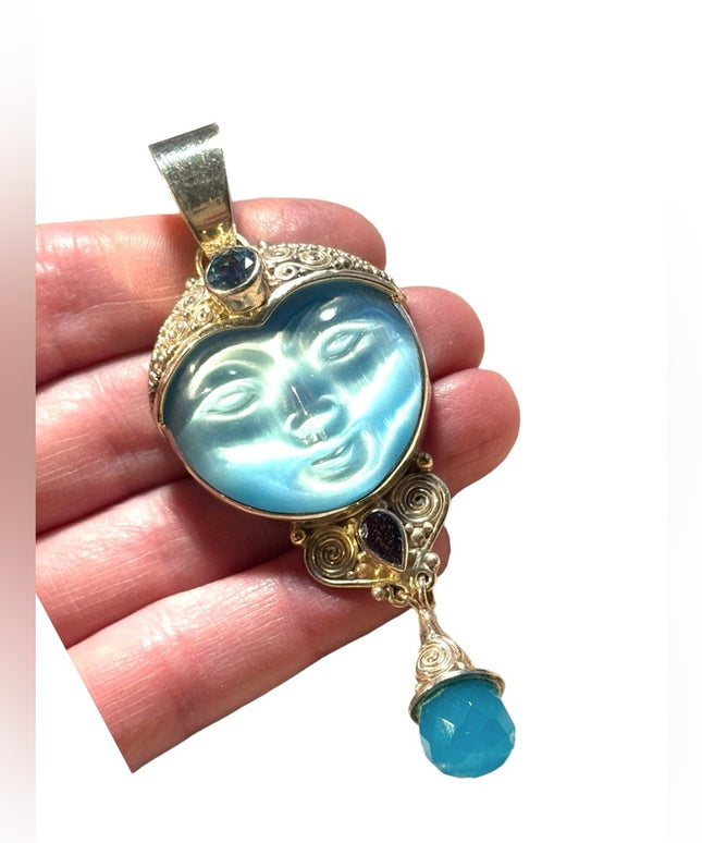 Large Sajen 925 sterling silver blue fiber optic carved goddess stone pedant