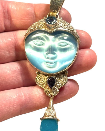 Large Sajen 925 sterling silver blue fiber optic carved goddess stone pedant