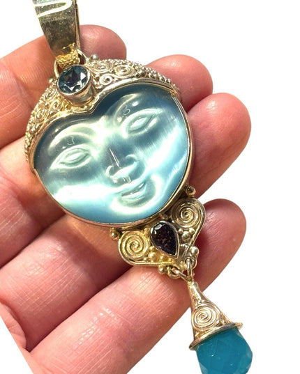 Large Sajen 925 sterling silver blue fiber optic carved goddess stone pedant
