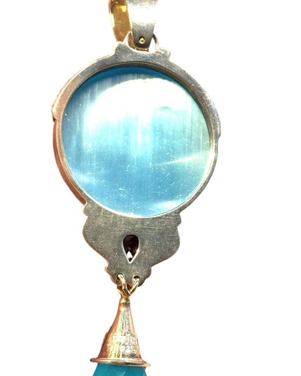Large Sajen 925 sterling silver blue fiber optic carved goddess stone pedant
