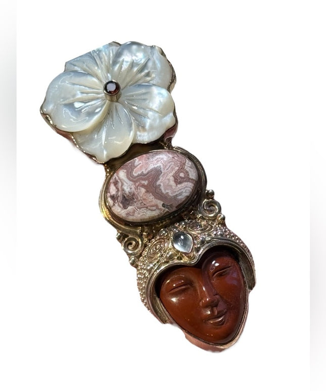 Loverly sterling silver 925 Jasper MOP garnet moonstone Goddess pendant