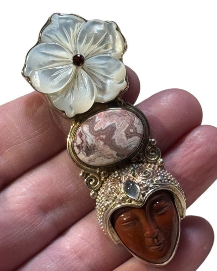 Loverly sterling silver 925 Jasper MOP garnet moonstone Goddess pendant