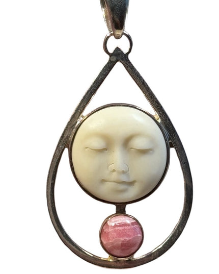 Sterling silver 925 Boneface goddess rhodonite tear drop lg Sajen pendant