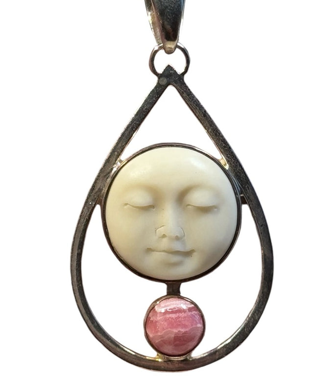 Sterling silver 925 Boneface goddess rhodonite tear drop lg Sajen pendant