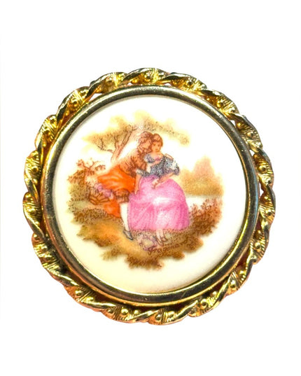 Vintage Limoges France ceramic stamped victorian scene cameo style brooch