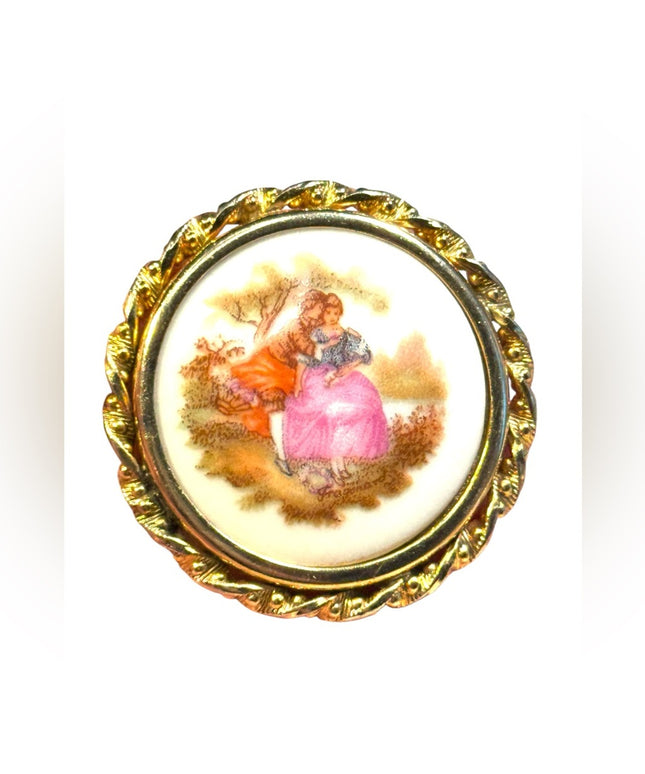 Vintage Limoges France ceramic stamped victorian scene cameo style brooch