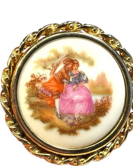 Vintage Limoges France ceramic stamped victorian scene cameo style brooch