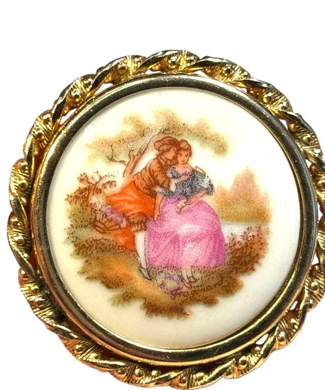 Vintage Limoges France ceramic stamped victorian scene cameo style brooch
