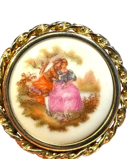 Vintage Limoges France ceramic stamped victorian scene cameo style brooch