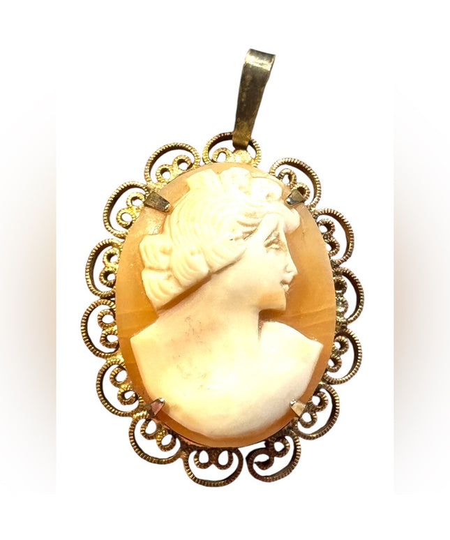 Vintage gold finish carved shell cameo right facing CAMEO pendant