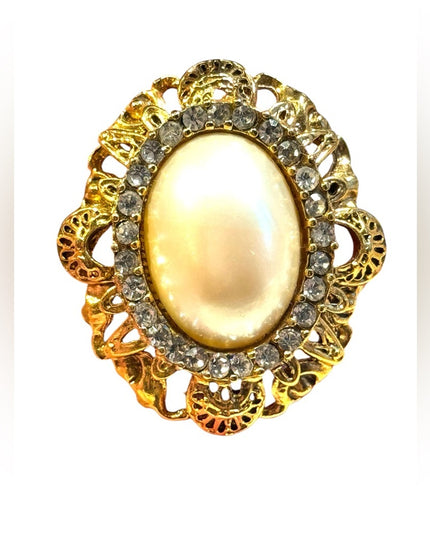 Vintage faux pearl crystal rhinestone gold plated fancy ornate oval brooch