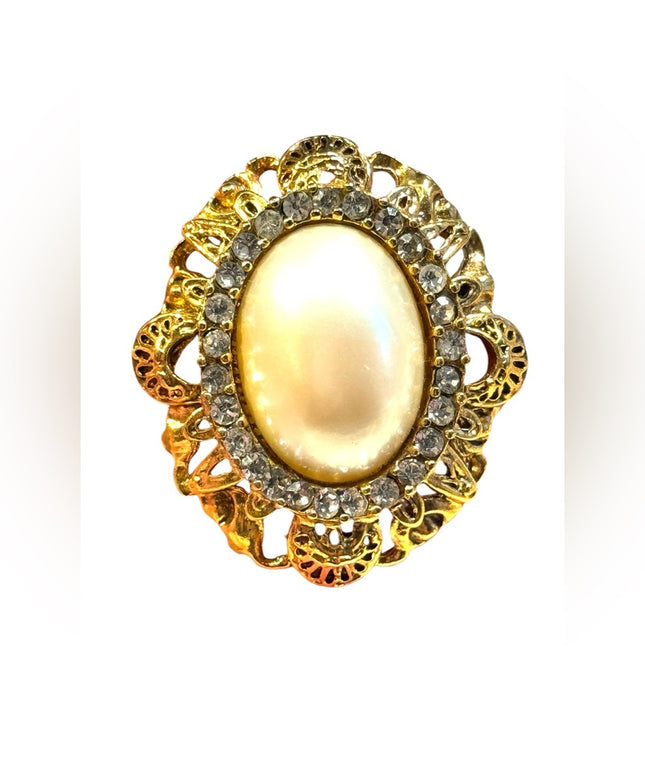 Vintage faux pearl crystal rhinestone gold plated fancy ornate oval brooch