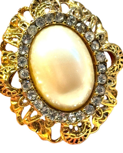 Vintage faux pearl crystal rhinestone gold plated fancy ornate oval brooch